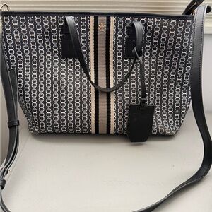 Tory Burch Navy and Beige Patterned Stripe Tote
